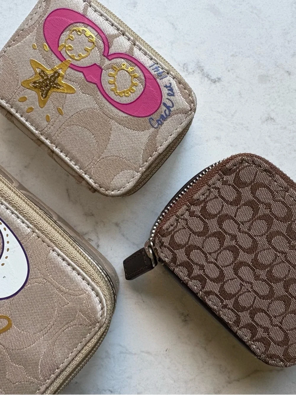 Coach Beige & Brown Signature Accessory Set with Pink Accent LOT Cases only